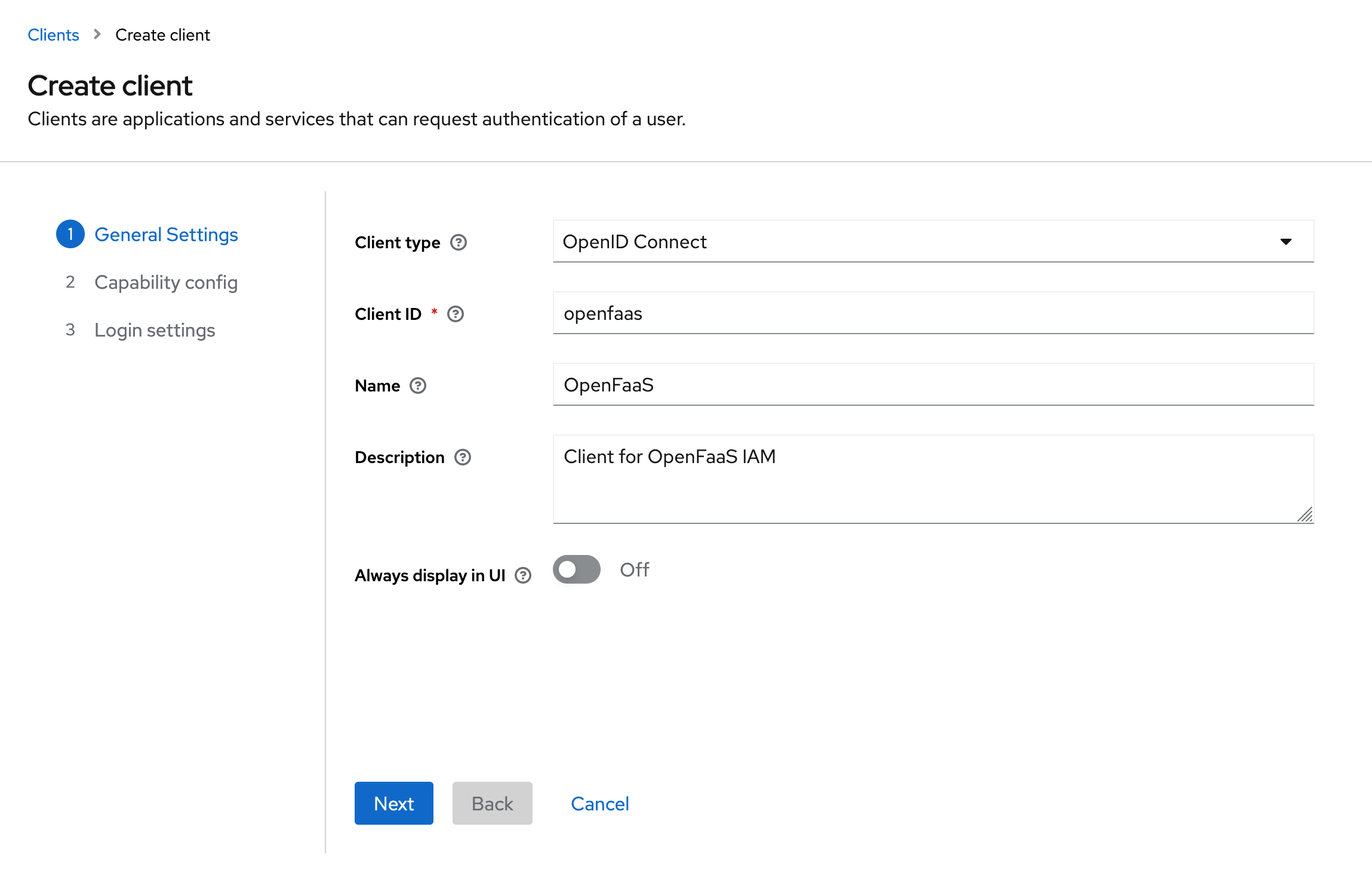 Keycloak client general settings