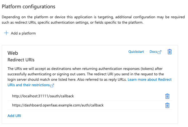 App registration platform configuration