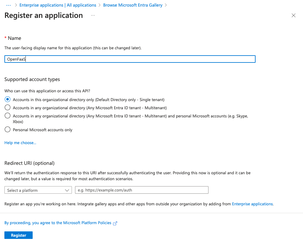 Microsoft Entra admin center, register app